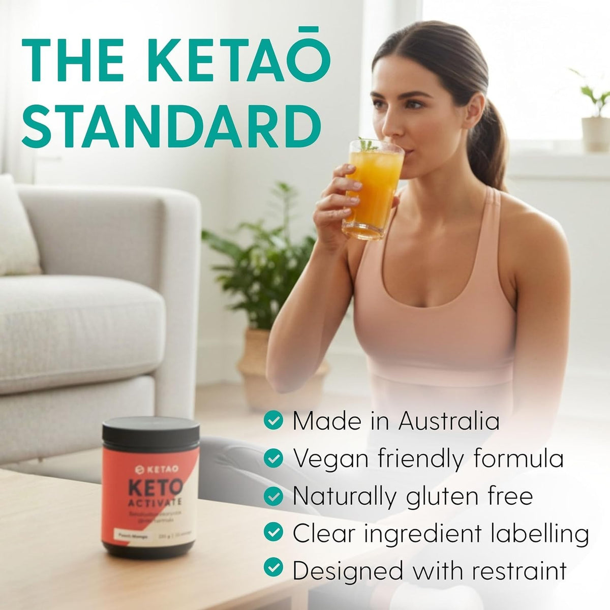 KETAO Keto Activate BHB Powder Peach Mango Energy Focus Prebiotic VEGAN 225g