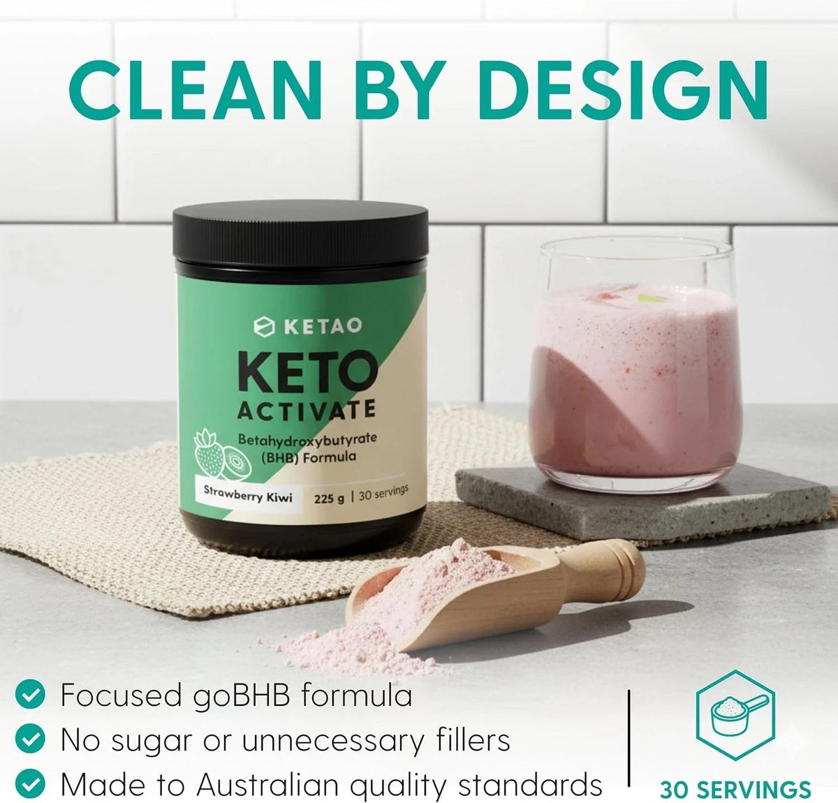 2 Pack KETAO Activate BHB Powder Strawberry Kiwi Energy Prebiotic VEGAN 225g
