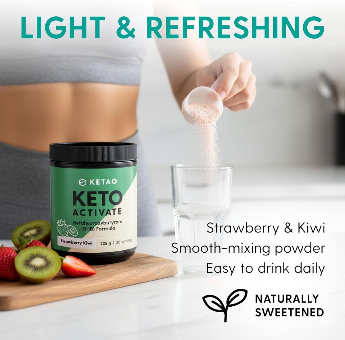 Keto Activate BHB Ketones Powder Strawberry & Kiwi 225g 30 Servings - Ketao