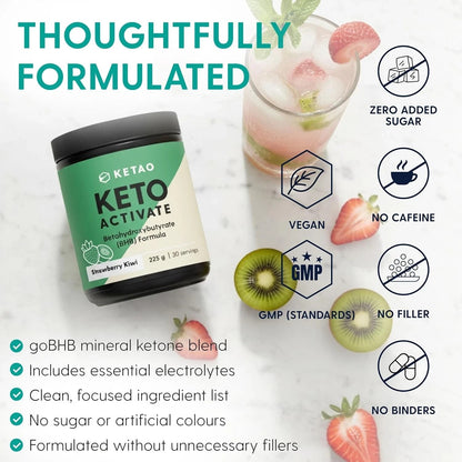2 Pack KETAO Activate BHB Powder Strawberry Kiwi Energy Prebiotic VEGAN 225g