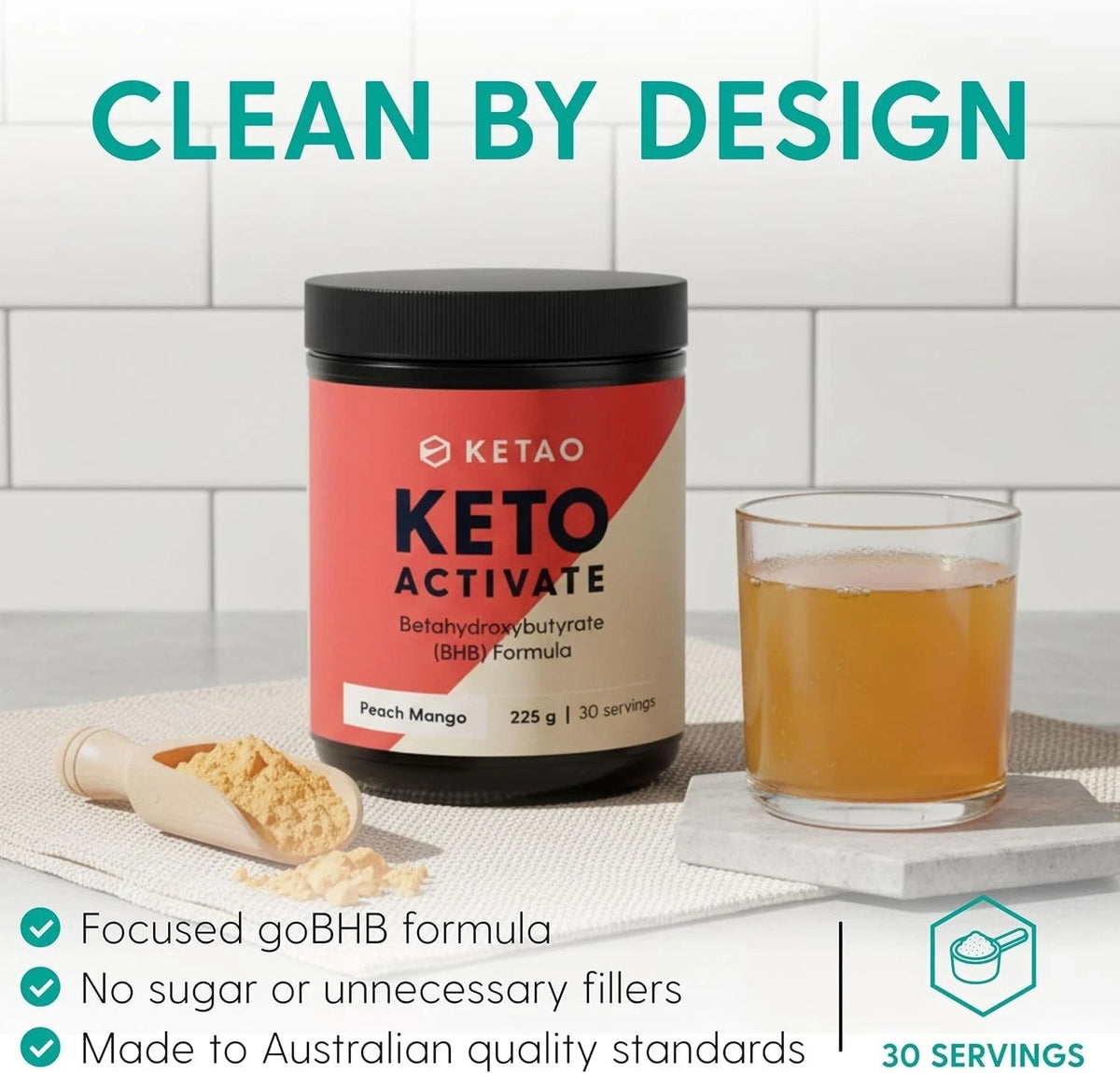 2 Pack KETAO Activate BHB Powder Peach Mango Energy Focus Prebiotic VEGAN 225g