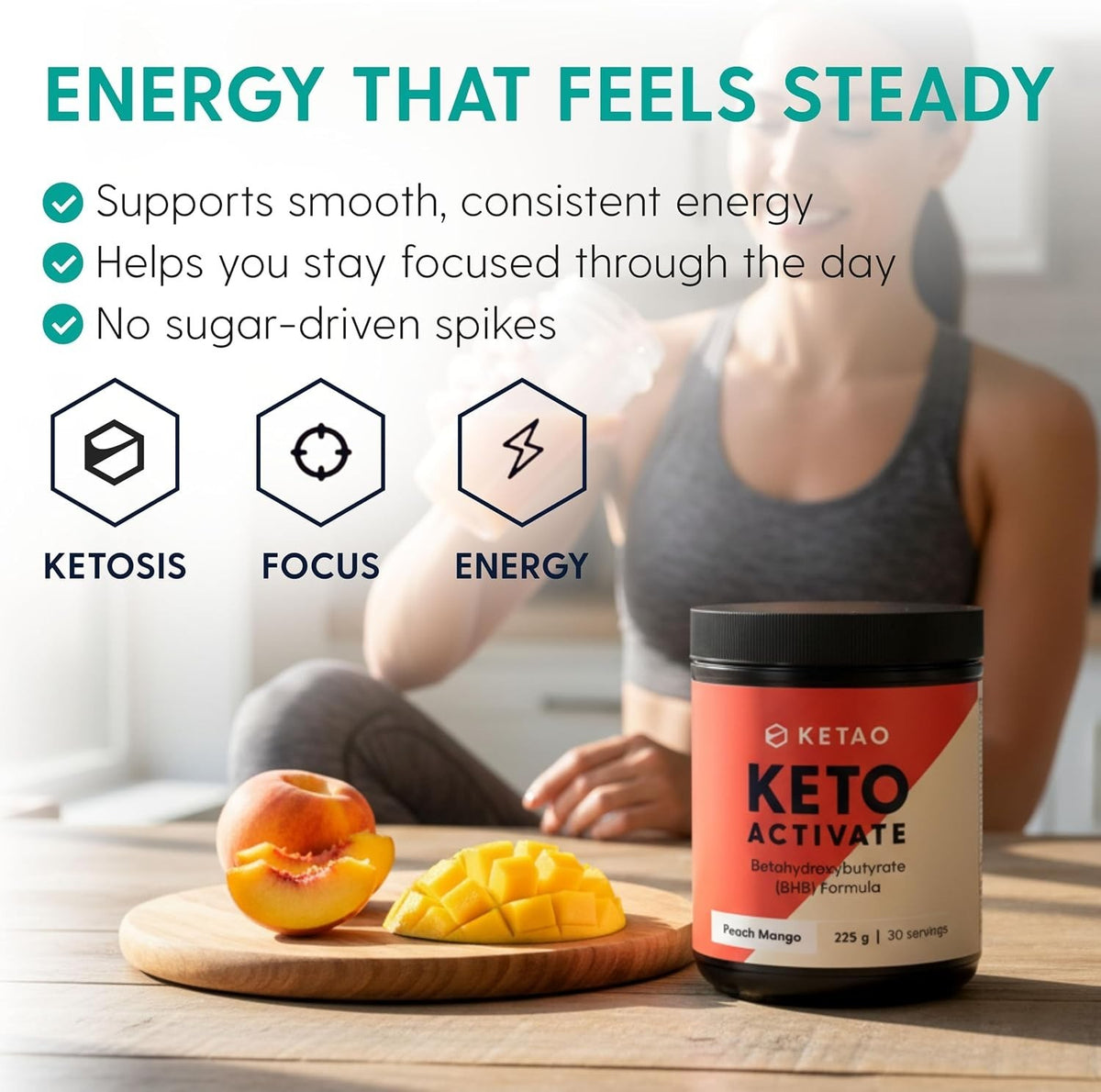 KETAO Keto Activate BHB Powder Peach Mango Energy Focus Prebiotic VEGAN 225g