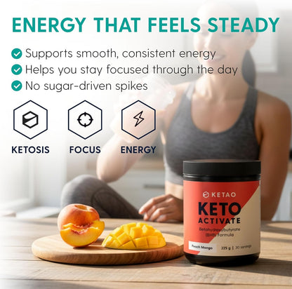 Keto Activate BHB Powder Exogenous Ketones Peach Mango 225g 30 Servings - Ketao