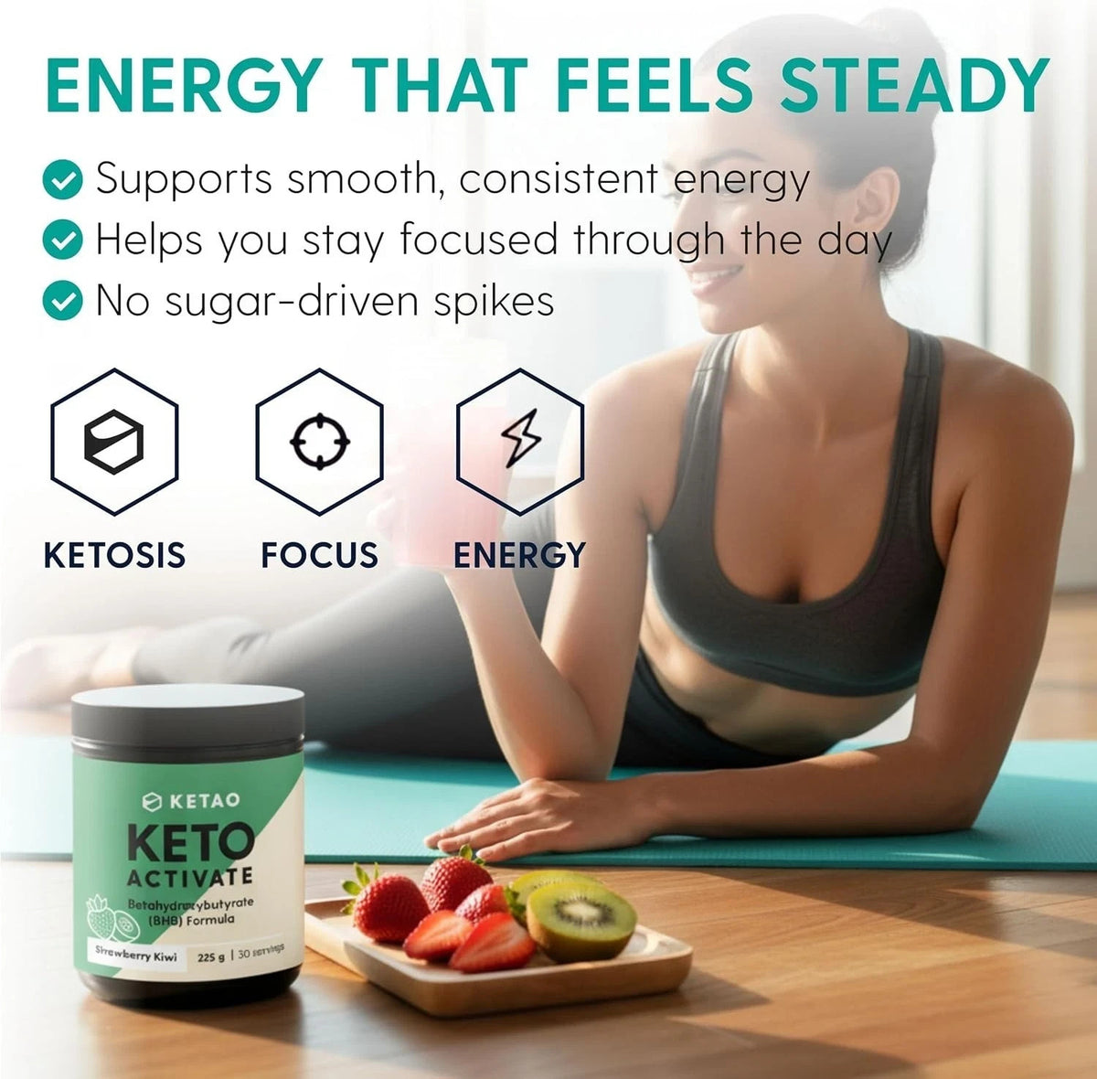 2 Pack KETAO Activate BHB Powder Strawberry Kiwi Energy Prebiotic VEGAN 225g