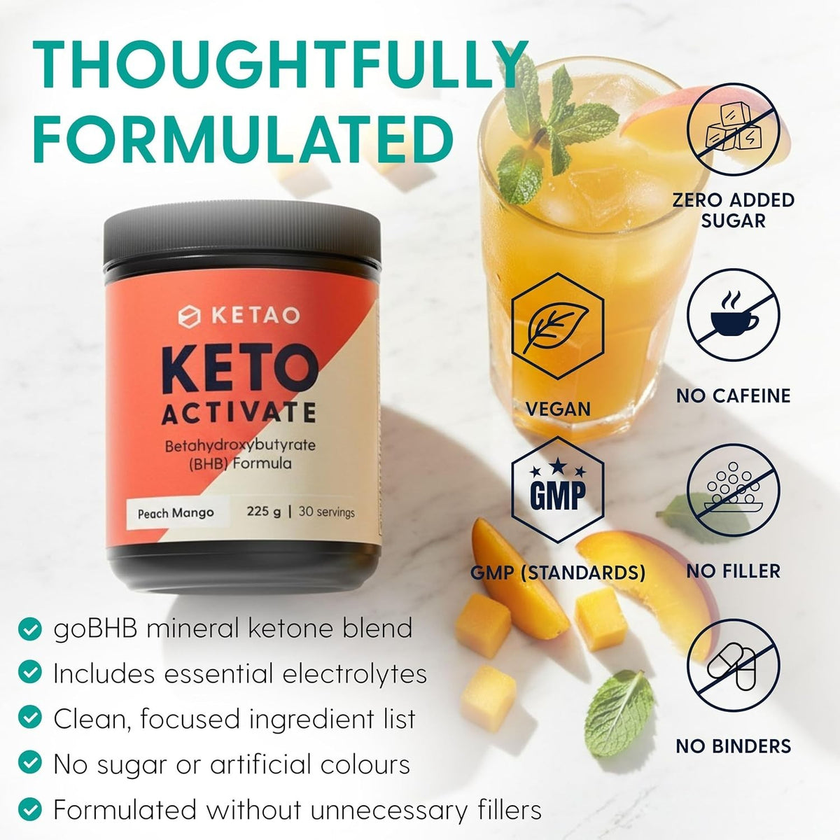 KETAO Keto Activate BHB Powder Peach Mango Energy Focus Prebiotic VEGAN 225g