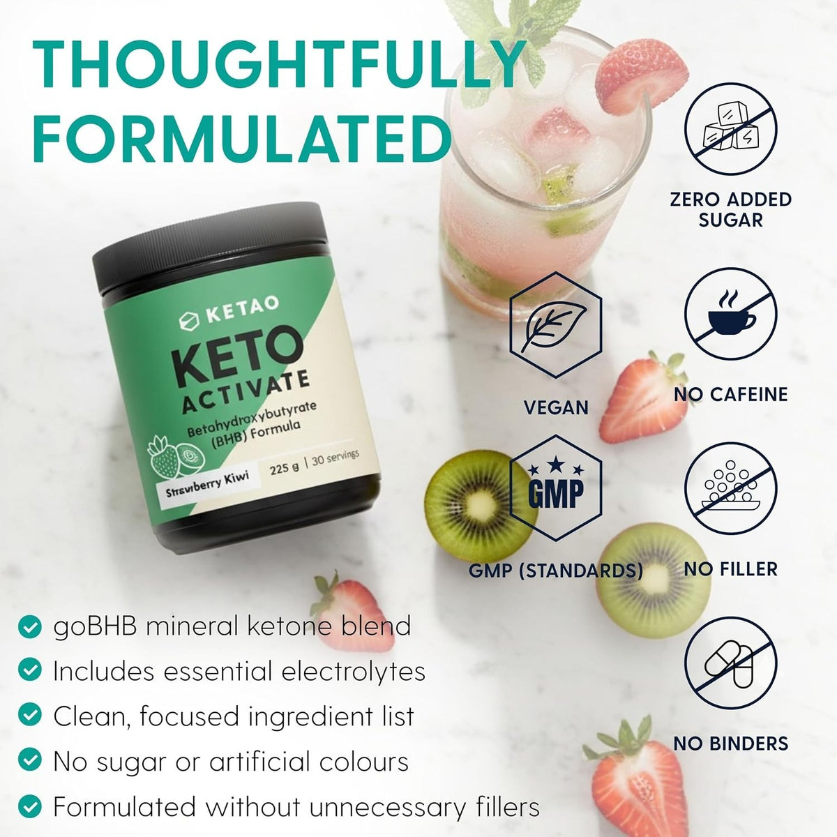Keto Activate BHB Ketones Powder Strawberry & Kiwi 225g 30 Servings - Ketao
