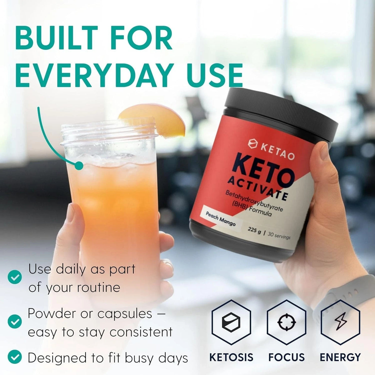 2 Pack KETAO Activate BHB Powder Peach Mango Energy Focus Prebiotic VEGAN 225g